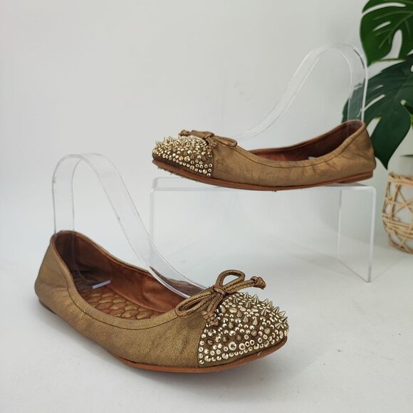 Sam Edelman Women's Gold Leather Spiked Flats Size 6.5M - Picture 1 of 8